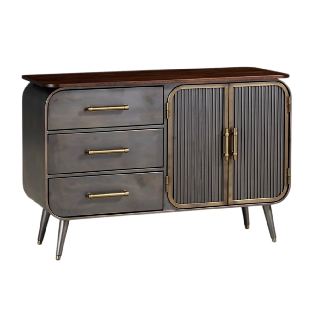 **Technische titel in het Nederlands: Modern dressoir met metalen afwerking en houtlook**