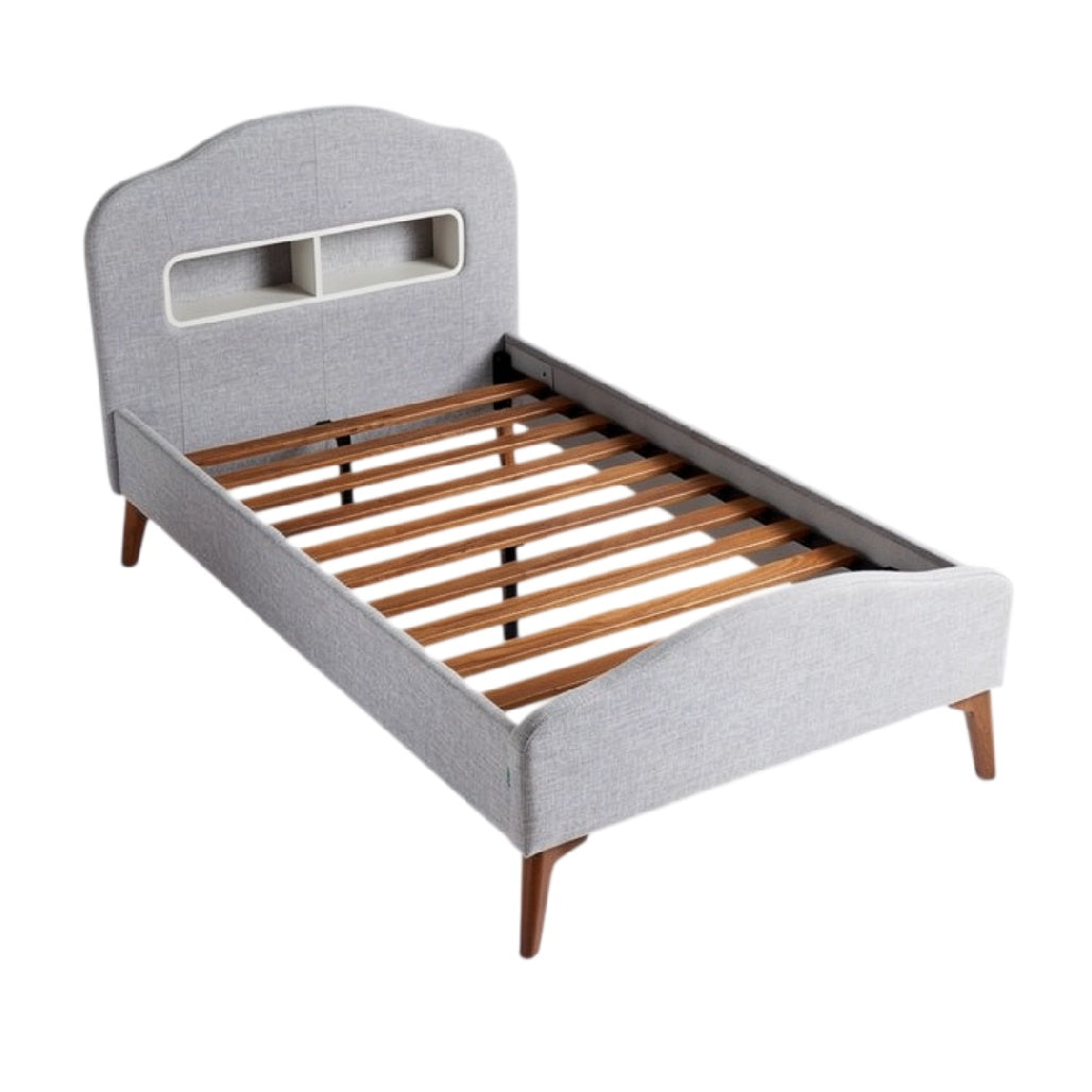 **Technische titel in het Nederlands:** **Moderne eenpersoonsbed met houten latten en geïntegreerde opbergcaravan**