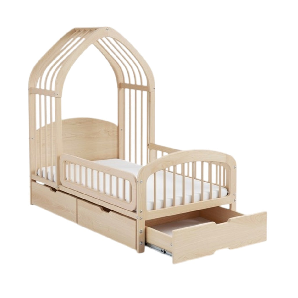 **Technische titel in het Nederlands: **Houten peuterbed met dakconstructie en opberglades**