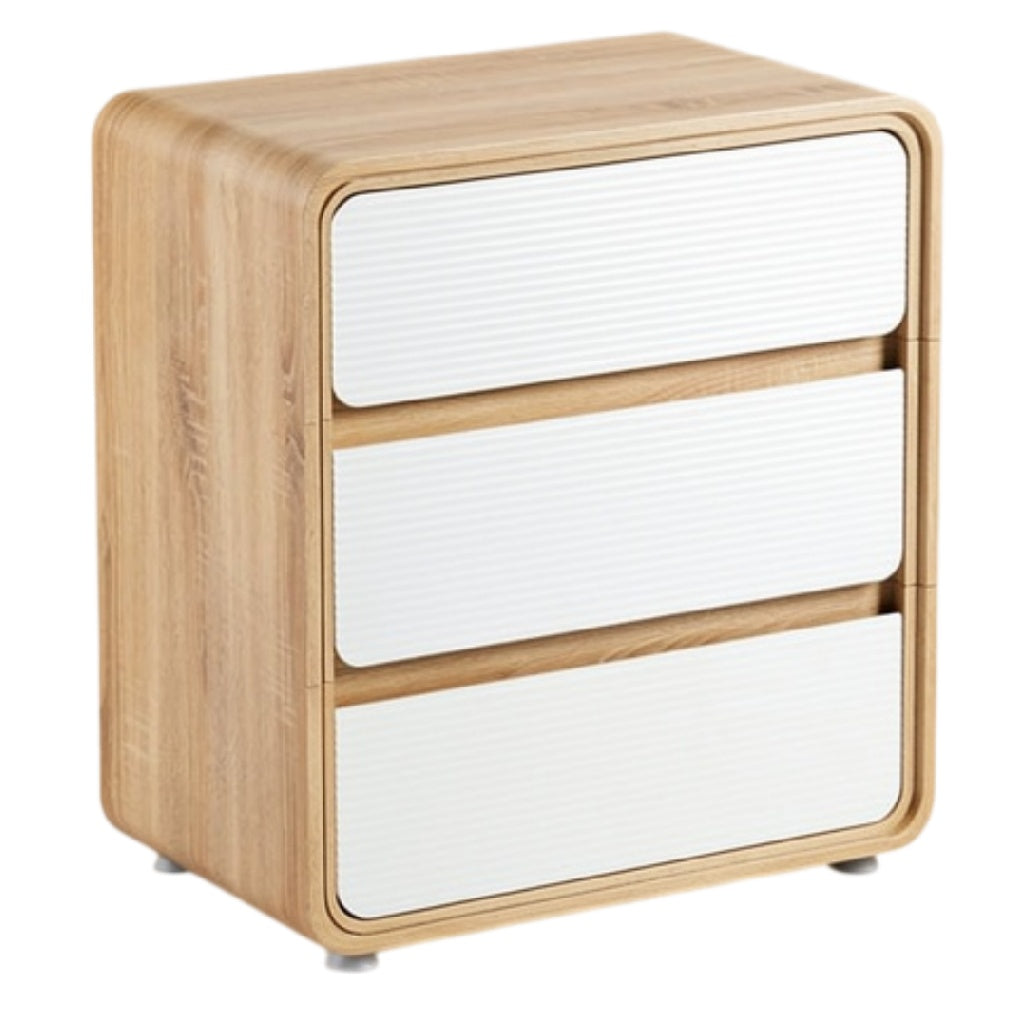 **Technische Titel in het Nederlands: Minimalistische nachtkast met drie lades van hout en wit kunststof**