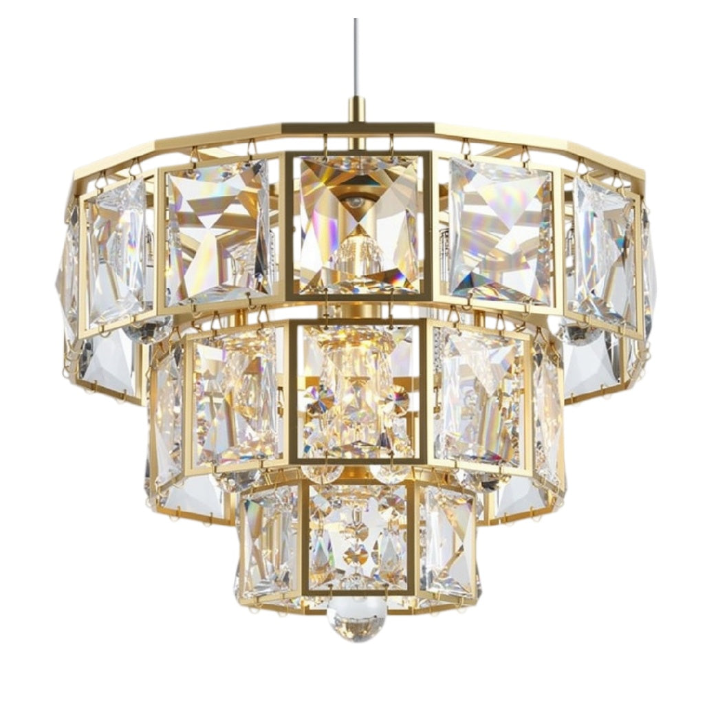 Titel: **Moderne Kristallen Hanglamp met Gouden Lijsten**